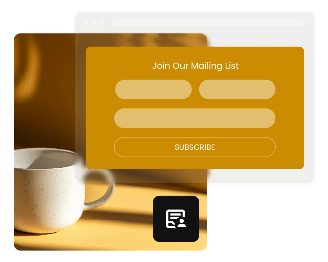 Konet email marketing subscribe page with a mailing list signup form to grow your reach, set against a cozy coffee mug background.