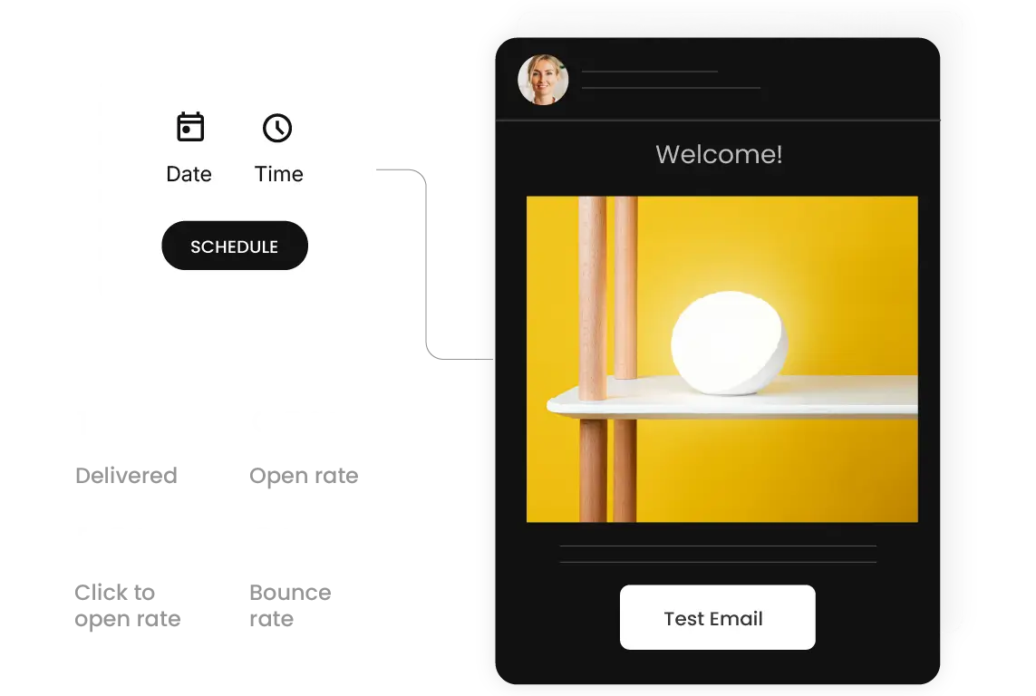 Konet email marketing platform scheduling and testing a welcome email campaign, with performance metrics showing delivered emails, open rate, click-to-open rate, and bounce rate.