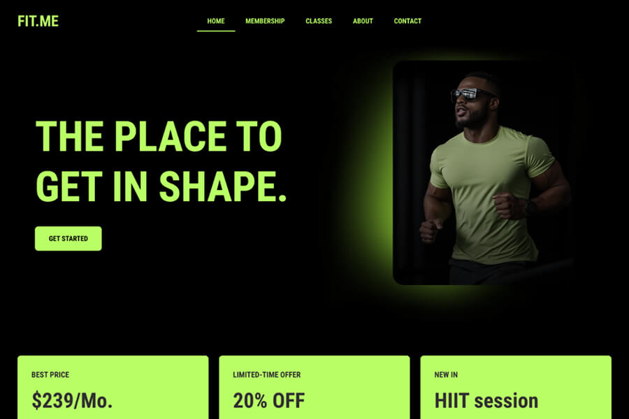Fitness business website layout: Dark-themed landing page with neon green accents, featuring a runner and a "Get Started" call to action.