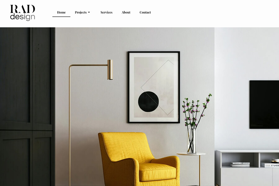 Interior design agency website layout: Minimalist landing page featuring a yellow armchair, a modern floor lamp, and geometric wall art.